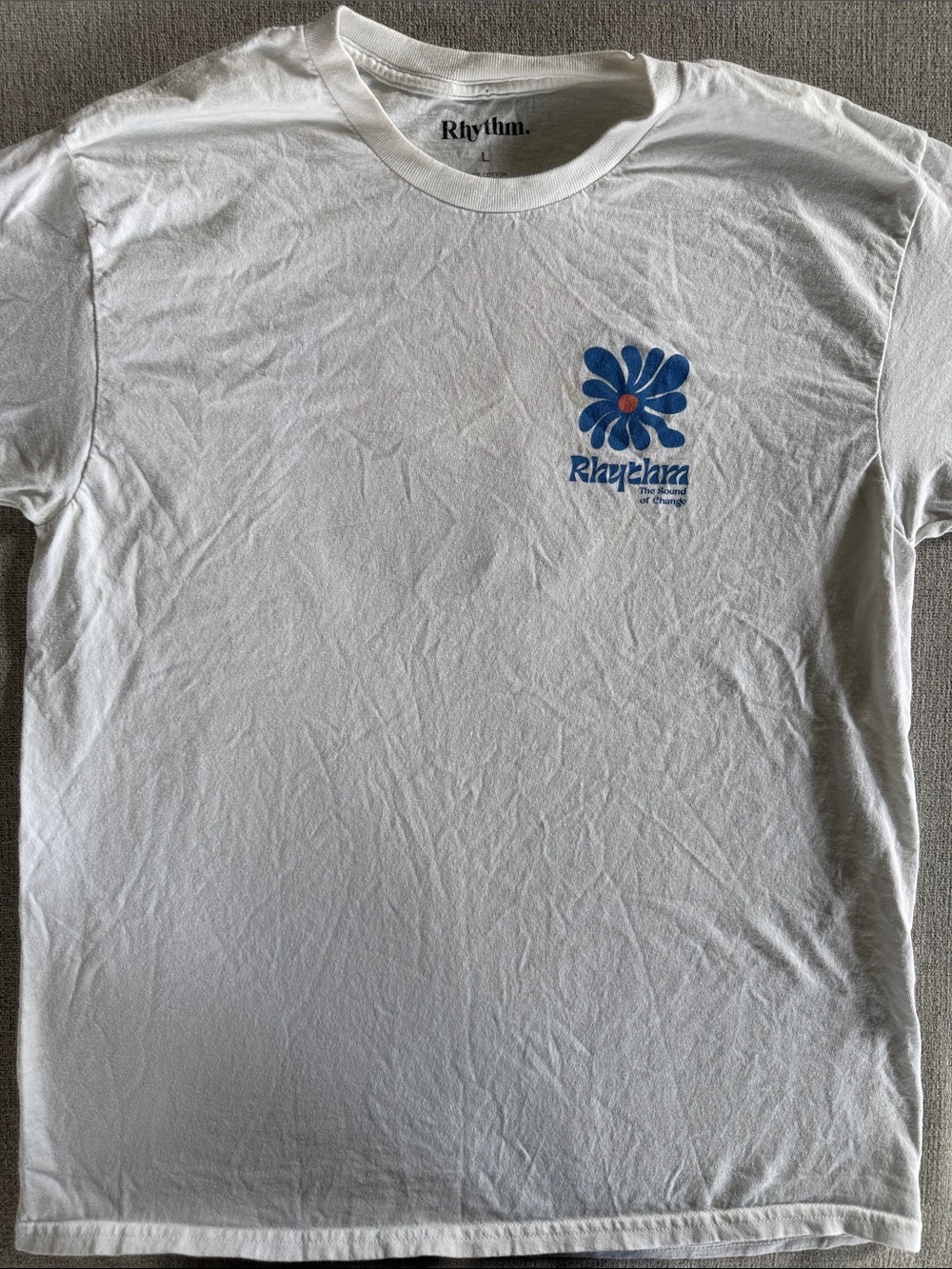 Rhythm. White Tee with Blue Flower Chest Graphic